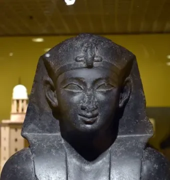 Upper torso and head of a dark basalt statue of a Ptolemaic king, with a damaged nose and traditional headdress.