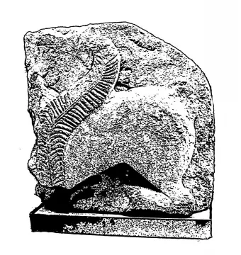 Weathered stone sphinx sculpture from El Salobral on a rectangular base, shown in black and white.