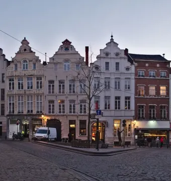L\'Envol sculpture on a cobblestone square in Brussels, with historic buildings and a bare tree in the background.
