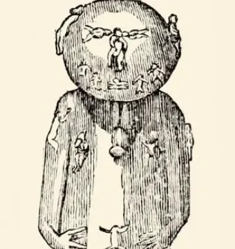 Black-and-white line drawing of the A\'a sculpture, an upright figure with a rounded head and a body covered in small human-like figures.