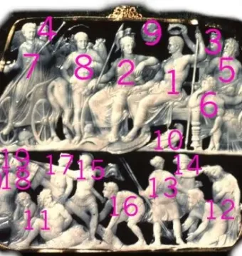 Gemma Augustea cameo with white carved figures in two registers, including a chariot scene above and captives below.