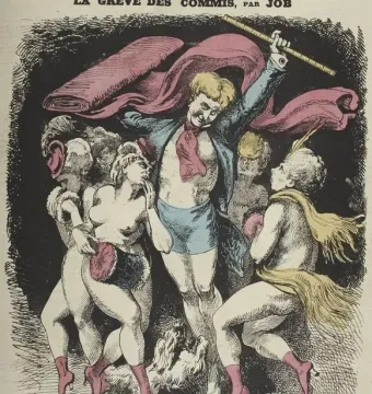 La Danse shown as a lively group of mostly nude women surrounding a central man holding a measuring stick and pink fabric.