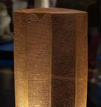 Rassam Prism of Ashurbanipal, a tall multi-faceted prism covered with cuneiform inscriptions.