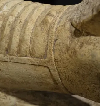 Close-up of a weathered stone arm from the Giants of Mont\'e Prama with carved ridges and an incised line.