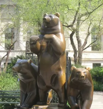 Group of Bears sculpture with three bronze bears on a tiered base in Central Park.