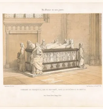 Tomb of Francis II of Brittany with recumbent figures, flanking lions, and standing allegorical statues inside a cathedral interior.