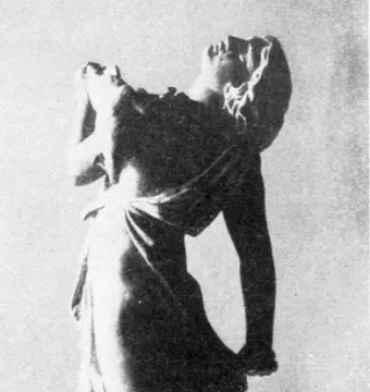 Dancing Maenad statue in a dramatic twisting pose with arms raised and head thrown back.