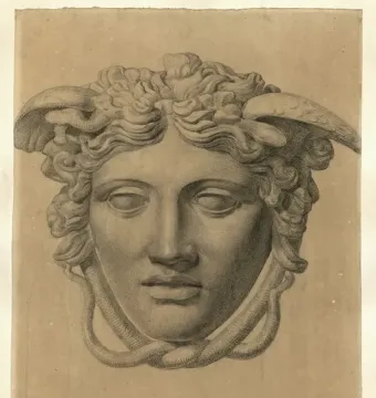 Monochrome drawing of the Medusa Rondanini showing a classical female head with wavy hair, small wings, and snakes in her hair.
