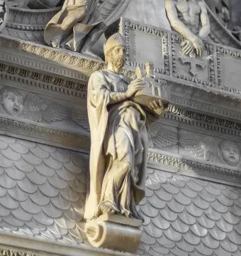 Saint Petronius marble statue holding a model of a city or building
