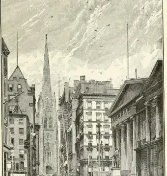 A black-and-white engraving shows a busy city street with pedestrians, horse-drawn carriages, and tall buildings, with a statue of George Washington on a pedestal beside a classical building.