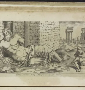 Engraving of Marforio, a reclining bearded male statue on a mound with ruins in the background and a small seated figure nearby.