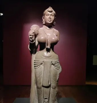 Didarganj Yakshi standing stone statue holding a fly-whisk, with necklaces, a headdress, and a draped lower garment.