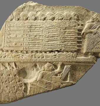 Fragmented limestone relief from the Stele of the Vultures showing soldiers, fallen enemies, a bird of prey, and a deity holding a net of captives.
