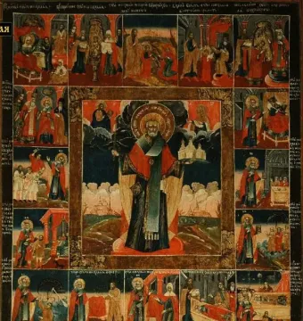 Icon of Saint Nicholas of Mozhaysk with a halo, holding a sword and a miniature city, surrounded by scenes from his life.