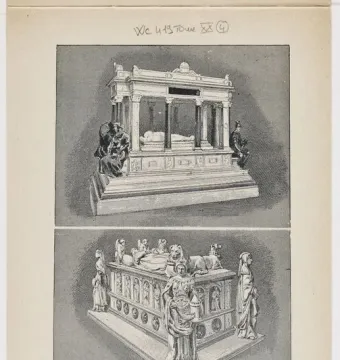 Engraving of the Tomb of Francis II, showing two ornate funerary monuments with recumbent figures, statues, and allegorical figures.