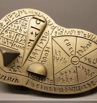 Replica of the Liver of Piacenza, a bronze object covered with engraved sections, symbols, and raised features.