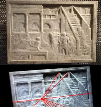 The Feast of Herod relief shown above a version overlaid with red perspective lines.