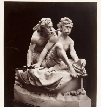 Marble sculpture of Kanaris at Chios showing two muscular sailors with nautical details.