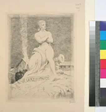 The Resistance shows a nude woman seated beside a cannon with smoke rising in the background.