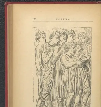 Cantoria relief showing a group of robed boys singing from a shared book.
