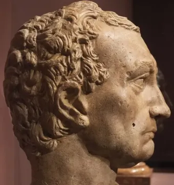 Side profile of the Gattamelata head sculpture in a light brown plaster-like material.