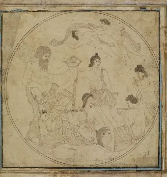 Circular line drawing of the Tazza Farnese showing classical figures, including seated, reclining, and winged figures.