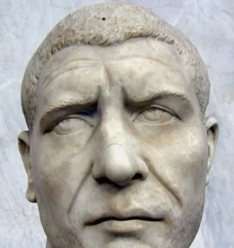 Marble bust of Philip the Arab with a close-cropped hairstyle, short beard, and a repaired mark across the nose.