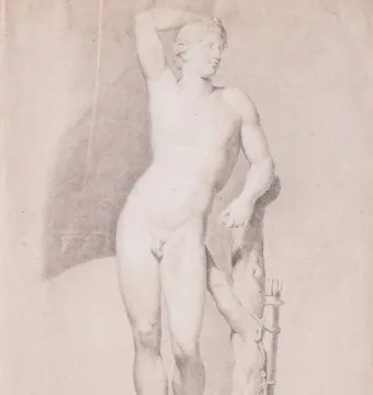 Apollino shown as a standing male nude in a classical contrapposto pose, with one arm raised and the other resting on a support with a quiver of arrows.