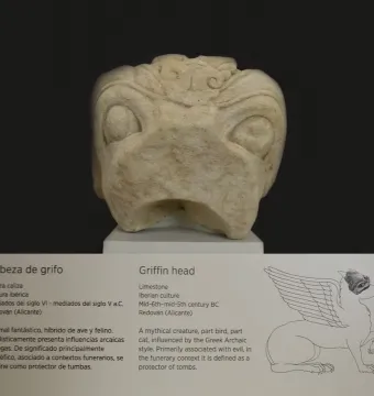 Grifo de Redován stone head with large round eyes and carved curls on top.