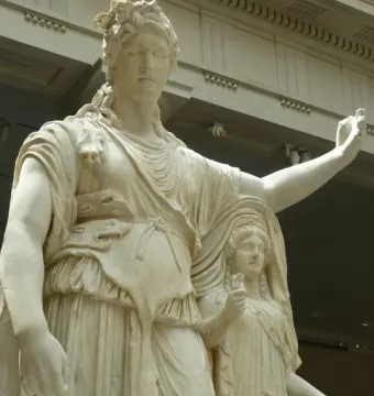 Hope Dionysus marble statue with a draped figure leaning beside a smaller female figure holding an object
