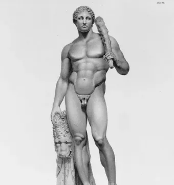 Engraving of the Lansdowne Heracles, a muscular male statue holding a club on his shoulder with a lion skin draped beside him.