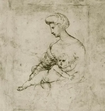 Sepia-toned drawing of a woman holding an infant, associated with the Taddei Tondo.