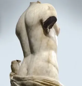 Weathered headless white stone statue of Venus Unica, seen from behind with draped lower body and damaged limbs.