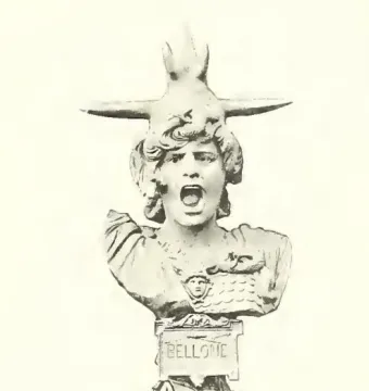 Bellone bust with an open-mouthed expression, wearing a winged helmet and chest armor.