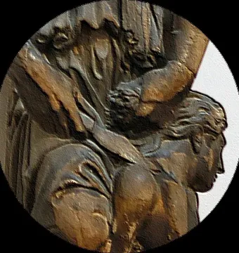 Detail of Donatello’s Sacrifice of Isaac showing two intertwined figures, with one holding a blade near the other’s head.