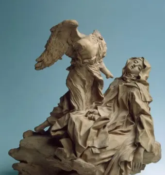 Terracotta model of Ecstasy of Saint Teresa showing a winged figure hovering over a reclining, robed figure