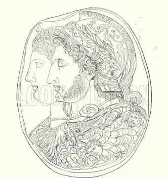 Gonzaga Cameo relief with overlapping profiles of a bearded man in an ornate helmet and a female figure, surrounded by winged cherubs and classical ornament.