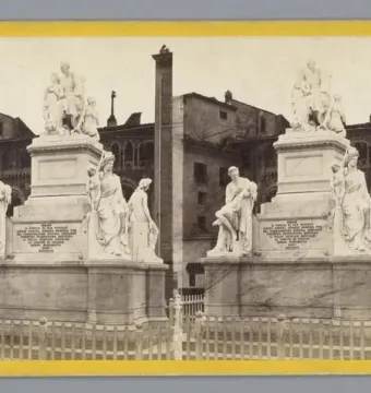 Stereoscopic photograph of the Monument to Nicola Demidoff in a Florence square, showing a multi-tiered stone sculpture surrounded by figures.