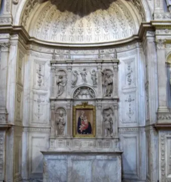 Piccolomini Altarpiece with a central Madonna and Child panel, sculpted figures in niches, and ornate marble decoration