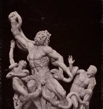 Laocoön and His Sons sculpture showing three male figures struggling against coiling snakes.