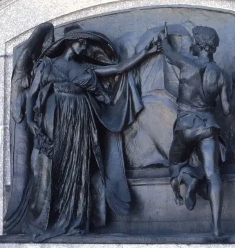 Death and the Sculptor bronze relief showing a winged woman reaching toward a sculptor with an implement.
