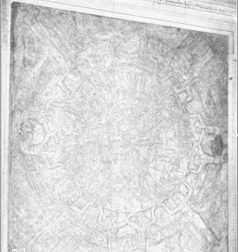 The Dendera Zodiac stone relief with a circular central carving surrounded by figures and symbols.