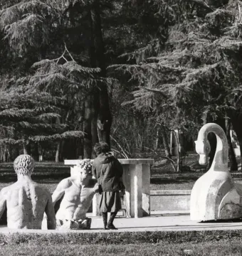 The Mystery Baths sculpture with two submerged human figures and a large swan in a park.