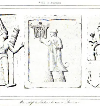 Ancient bas-relief carvings from Yazılıkaya showing multiple anthropomorphic figures in elaborate headdresses and long robes.