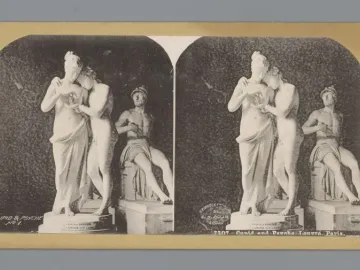 Vintage stereoview card showing two side-by-side black-and-white prints of Standing Psyche and Love on a yellow backing card.