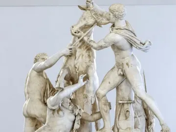 Farnese Bull marble sculpture showing a rearing bull restrained by two muscular men, with a seated woman below.