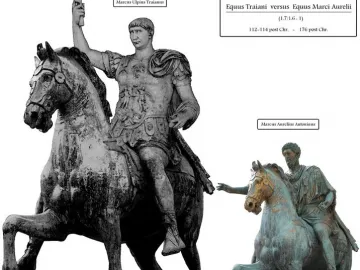 Trajan\'s Equestrian Statue showing an armored rider on a horse with one front leg raised.