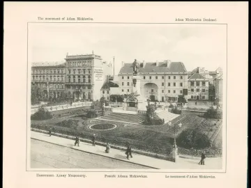 Adam Mickiewicz Monument on a tall pedestal in a landscaped urban garden, surrounded by steps, paths, and trees with buildings behind it.
