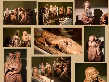 Multiple views of the Compianto sul Cristo morto terracotta sculpture group, showing grieving figures gathered around a prone Christ figure.