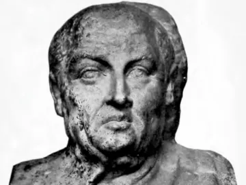 Double herm of Socrates and Seneca, showing the aged stone head and shoulders of Seneca with the second head turned away.